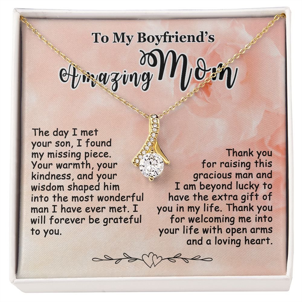 Gifts for Boyfriend's Mom: To My Boyfriend's Mom Necklace, Mother's Day & Birthday Ideas, Message Card Alluring Beauty Present For BF’s Mother. Matched with a thoughtful message card.