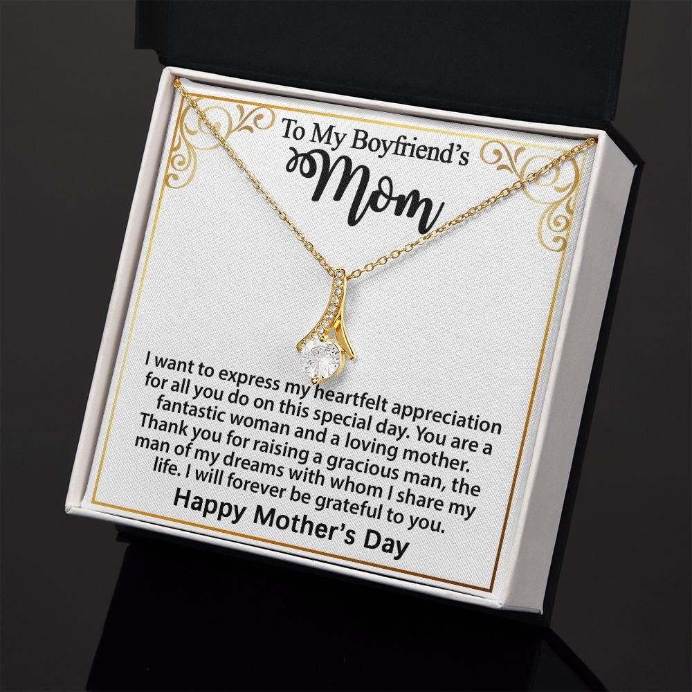 Gifts for Boyfriend's Mom: To My Boyfriend’s Mom Necklace, a perfect necklace for a meaningful Mother's Day or birthday present for your boyfriend's mom. Matched with a thoughtful message card.