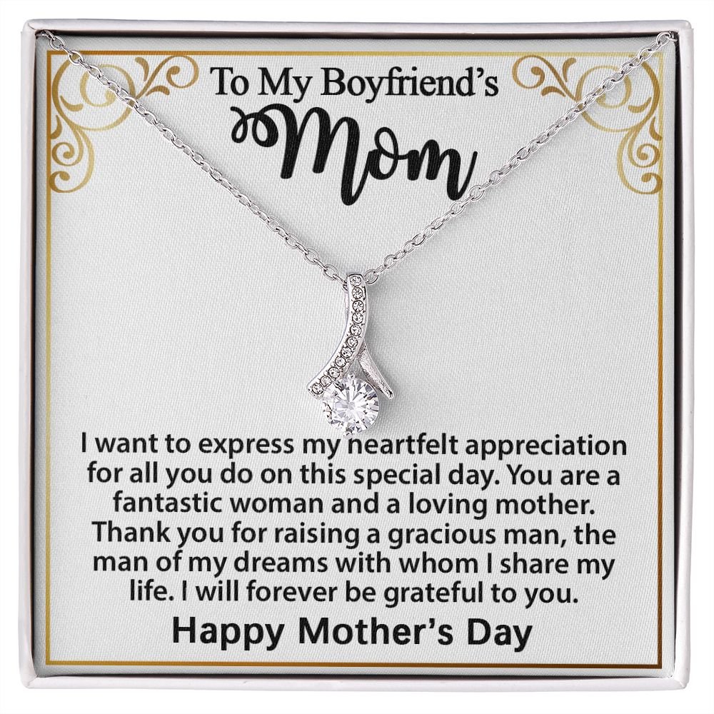 Gifts for Boyfriend's Mom: To My Boyfriend’s Mom Necklace, a perfect necklace for a meaningful Mother's Day or birthday present for your boyfriend's mom. Matched with a thoughtful message card.