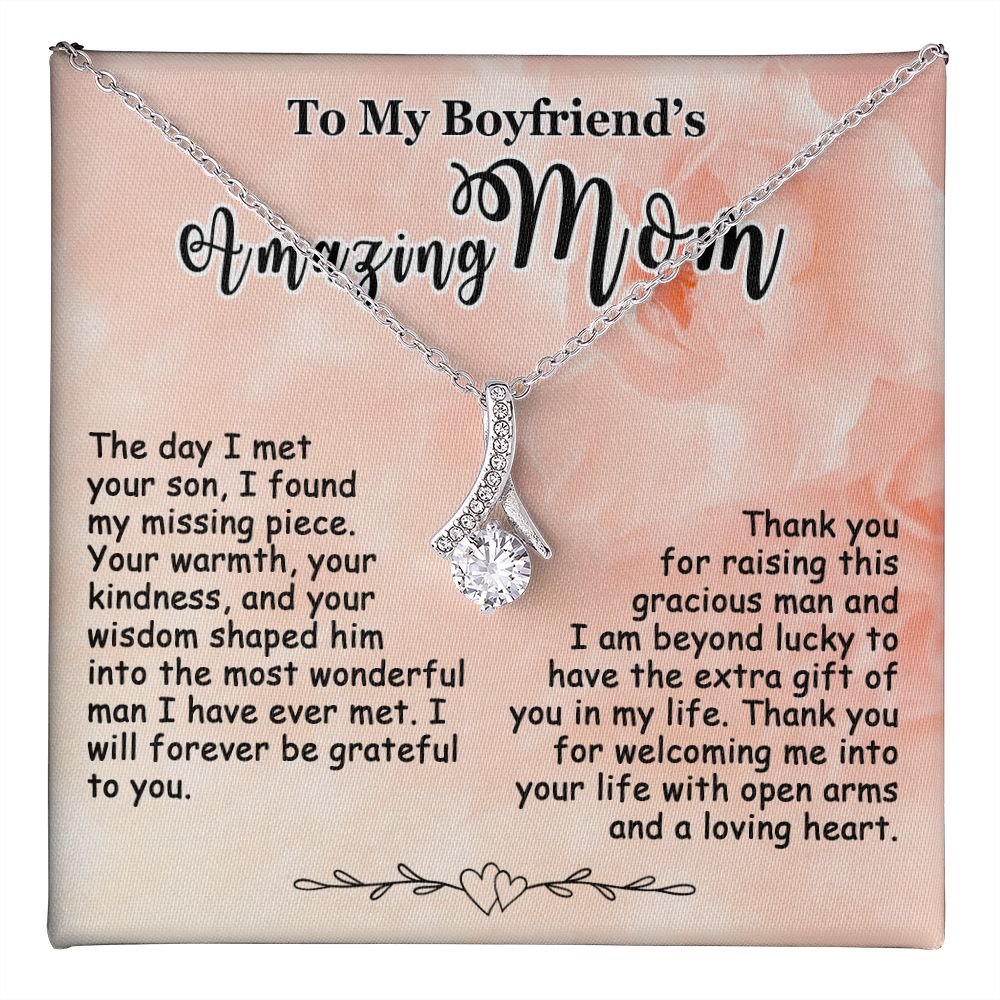 Gifts for Boyfriend's Mom: To My Boyfriend's Mom Necklace, Mother's Day & Birthday Ideas, Message Card Alluring Beauty Present For BF’s Mother. Matched with a thoughtful message card.