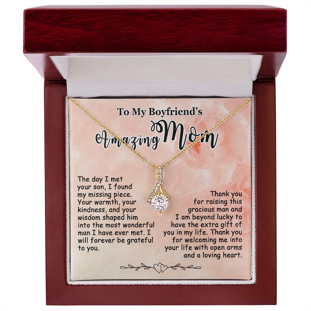 Gifts for Boyfriend's Mom: To My Boyfriend's Mom Necklace, Mother's Day & Birthday Ideas, Message Card Alluring Beauty Present For BF’s Mother. Matched with a thoughtful message card.