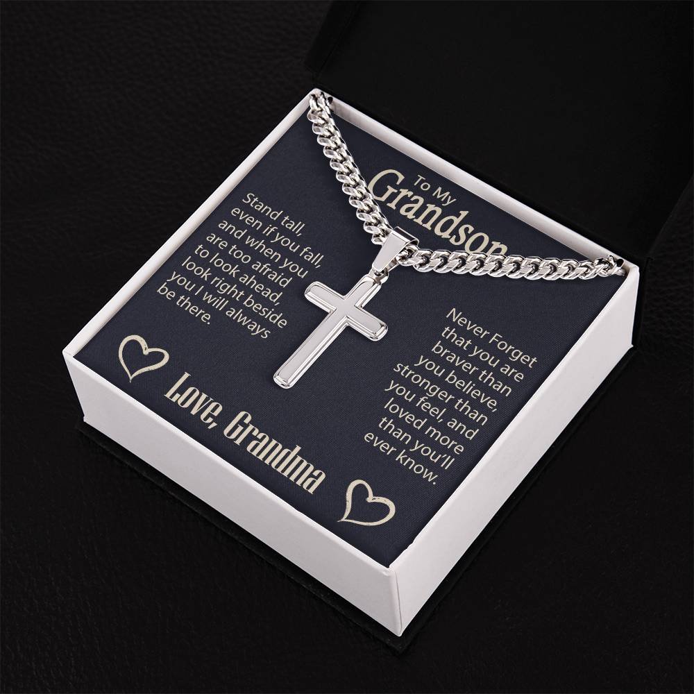 Personalized Engraved Cross Necklace On Cuban Link Chain To My Grandson #e331 - Image 2