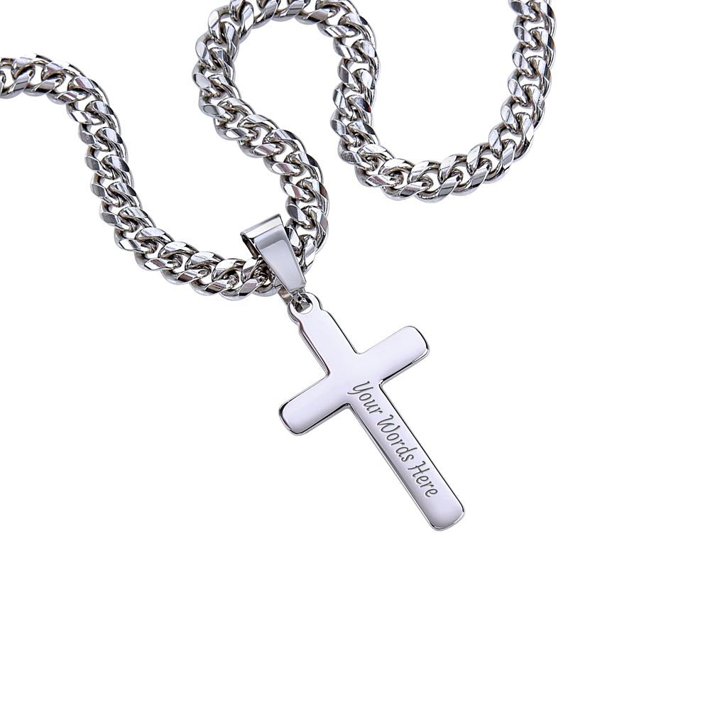 Personalized Engraved Cross Necklace On Cuban Link Chain To My Grandson #e331 - Image 3