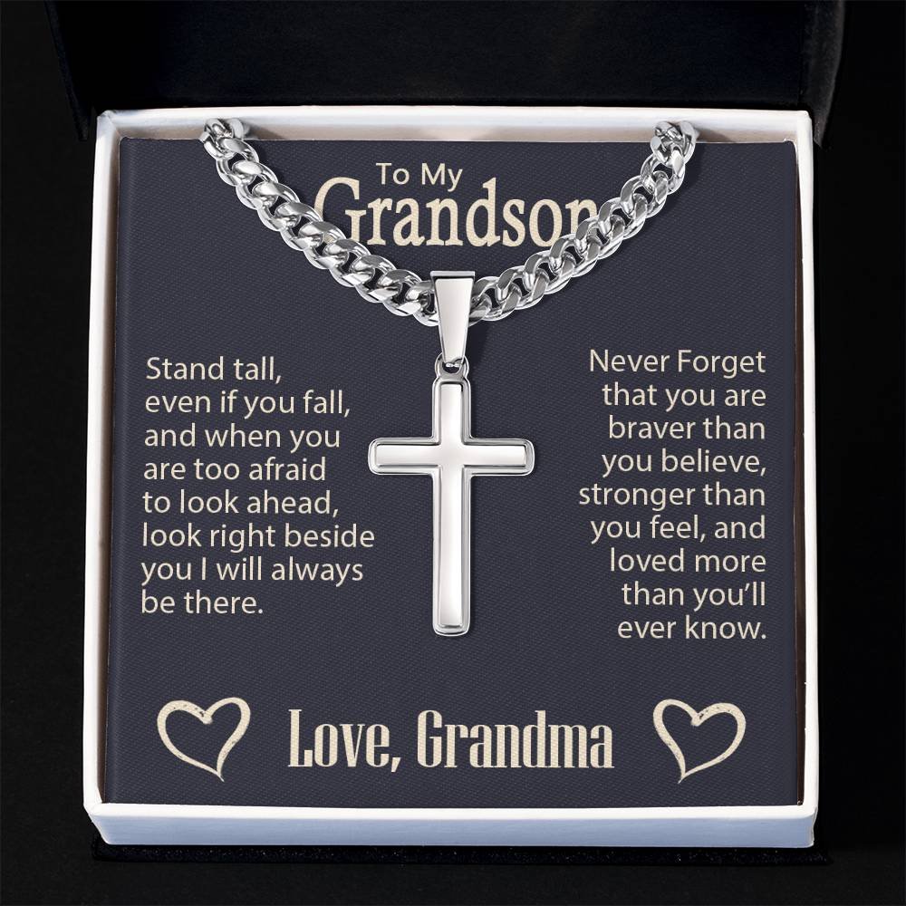 Personalized Engraved Cross Necklace On Cuban Link Chain To My Grandson #e331 - Image 9