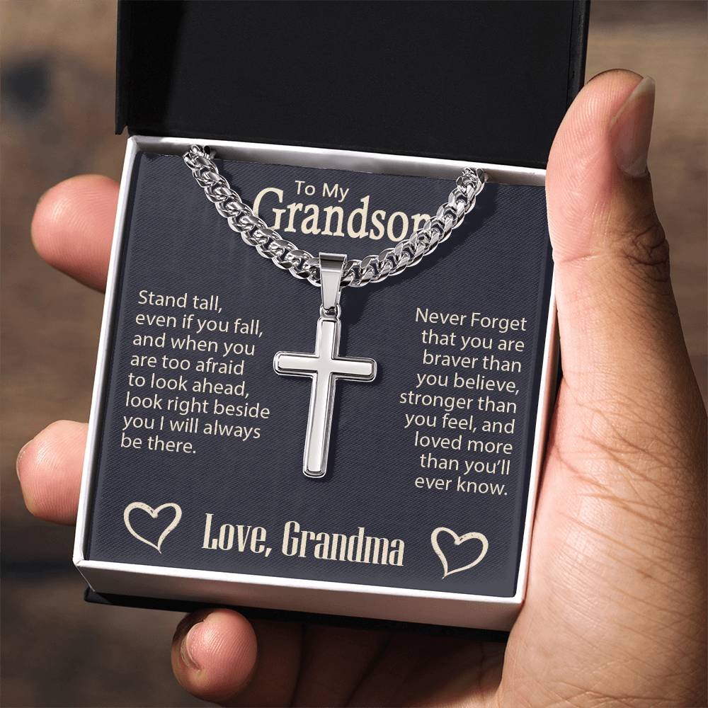 Personalized Engraved Cross Necklace On Cuban Link Chain To My Grandson #e331 - Image 8