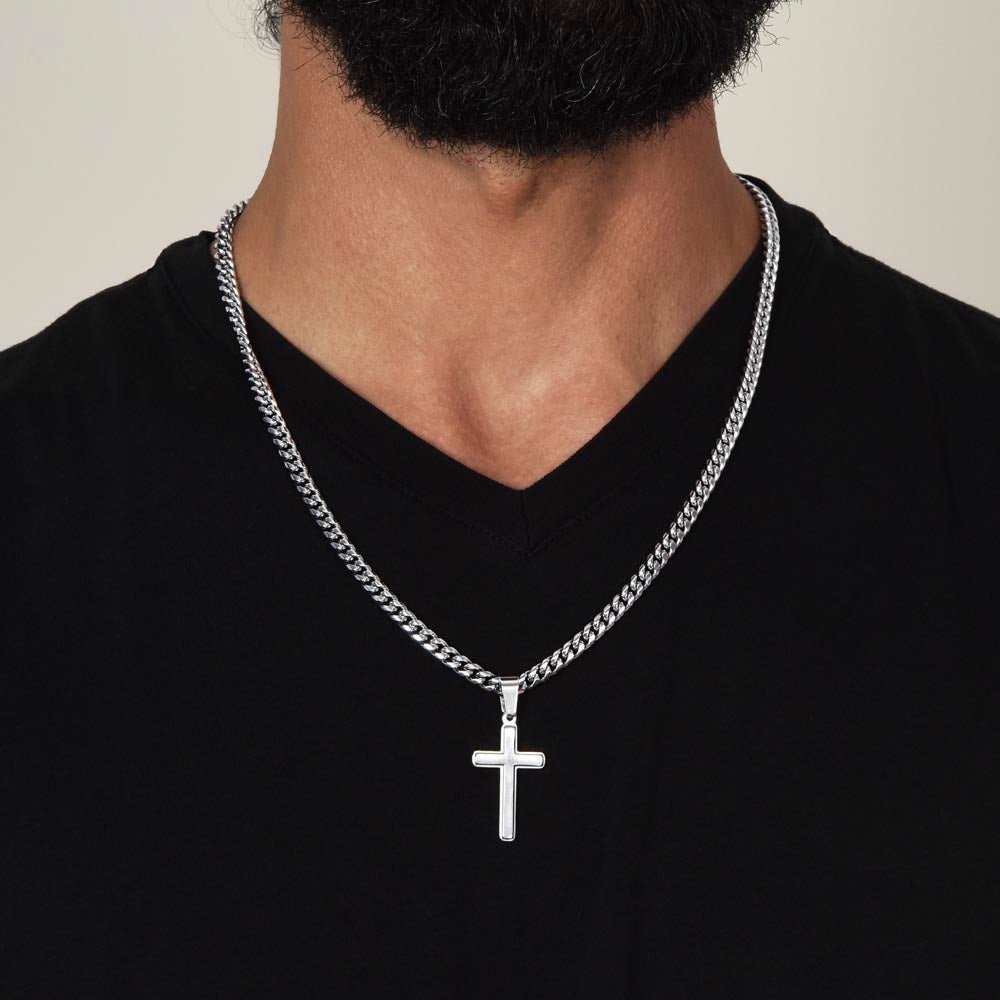 Personalized Engraved Cross Necklace On Cuban Link Chain To My Grandson #e331 - Image 7