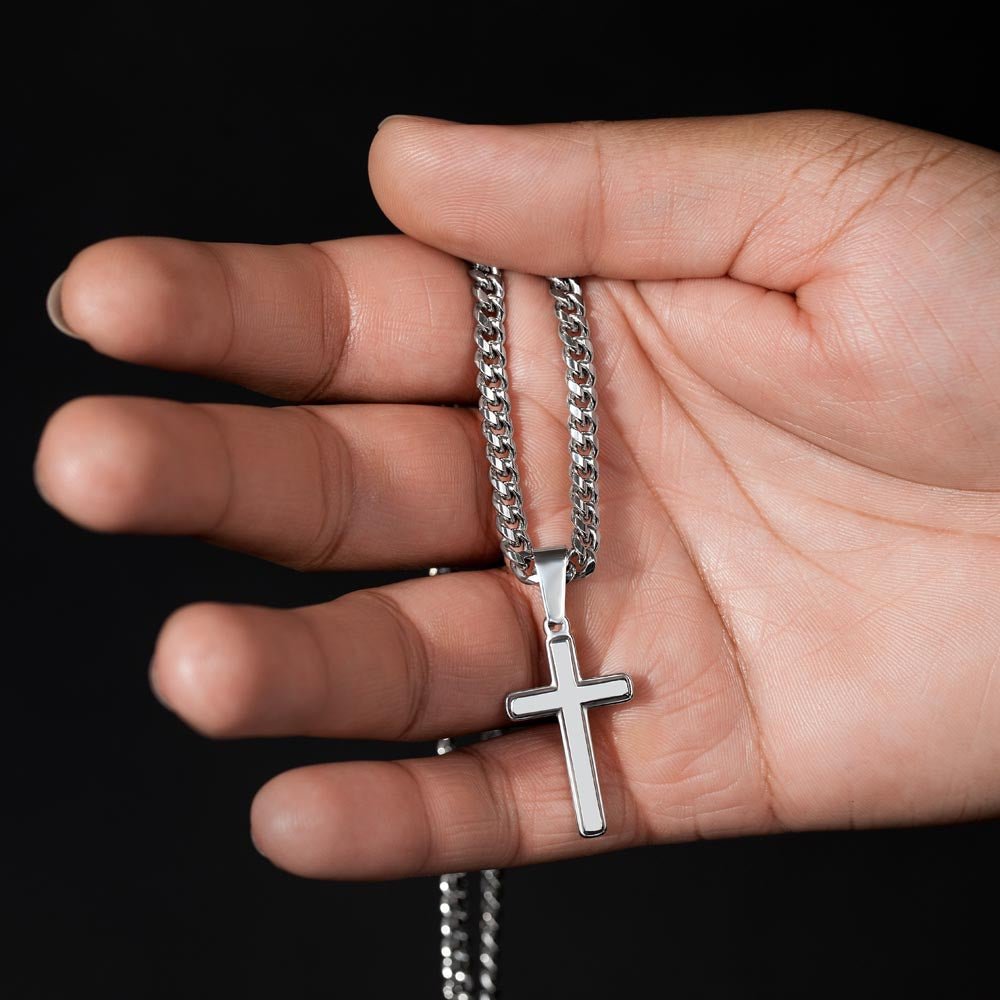 Personalized Engraved Cross Necklace On Cuban Link Chain To My Grandson #e331 - Image 10