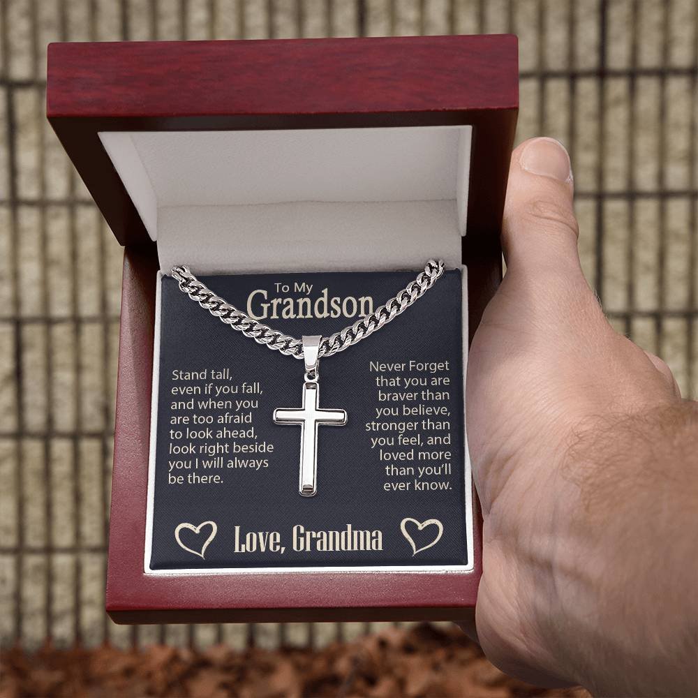 Personalized Engraved Cross Necklace On Cuban Link Chain To My Grandson #e331 - Image 6