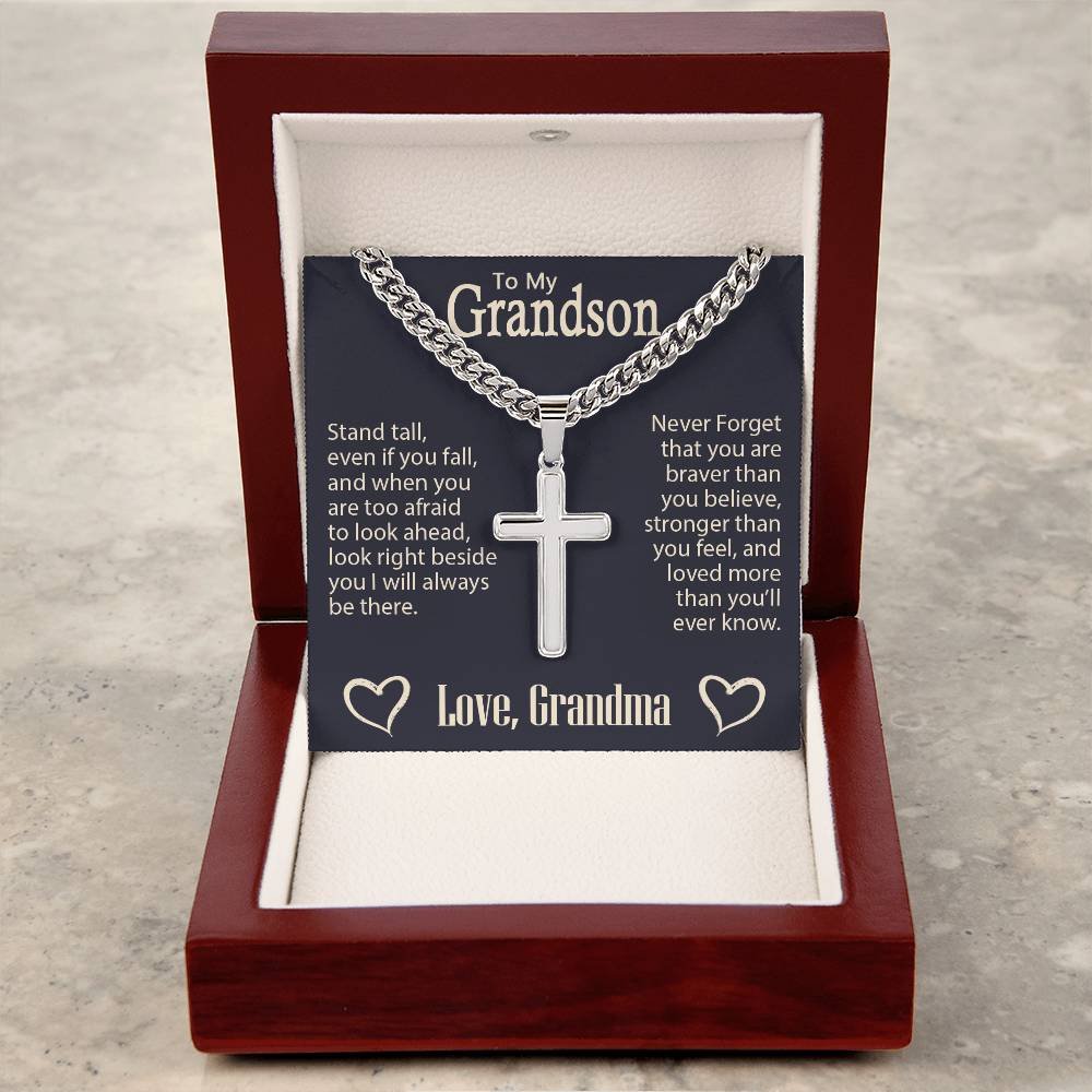 Personalized Engraved Cross Necklace On Cuban Link Chain To My Grandson #e331 - Image 5