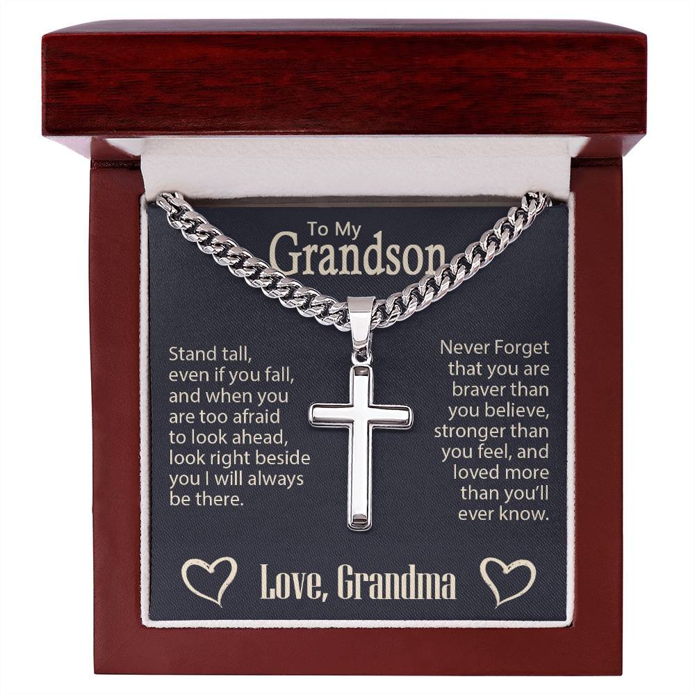 Personalized Engraved Cross Necklace On Cuban Link Chain To My Grandson #e331 - Image 4