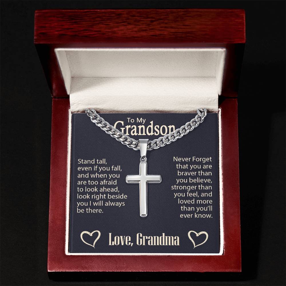 Personalized Engraved Cross Necklace On Cuban Link Chain To My Grandson #e331 - Image 11