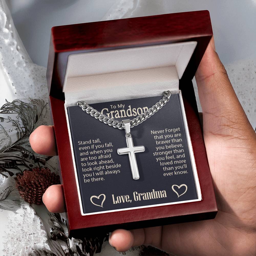 Personalized Engraved Cross Necklace On Cuban Link Chain To My Grandson #e331 - Image 12