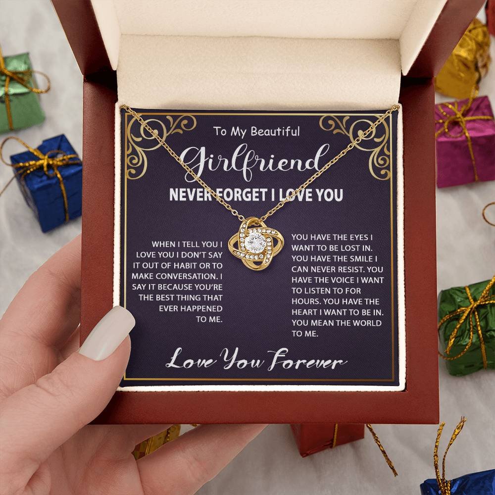 Gift Ideas for Girlfriend - Personalized To My Girlfriend Love Knot Necklace Jewelry Gift For Her Birthday, Graduation, Anniversary, Christmas Present From Boyfriend. Matched with a thoughtful message card.