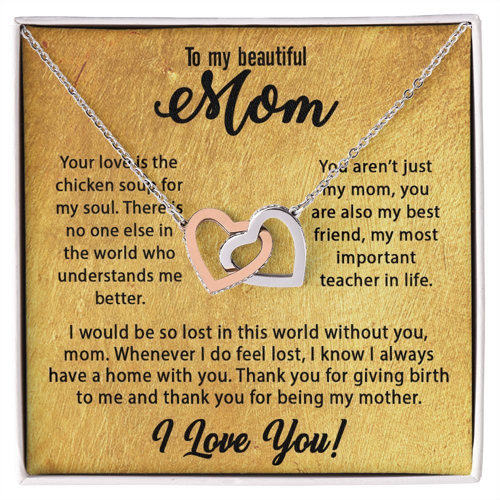 To My Mom Necklace, Mother's Day Birthday Gift Ideas From Daughter & Son, Poem Message Card Interlocking Harts Pendant Jewelry Presents For Her #e255