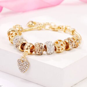 Charm Beaded Bracelet With Sparkling Heart Dangle in Pandora Style Jewelry Gift For Her e289